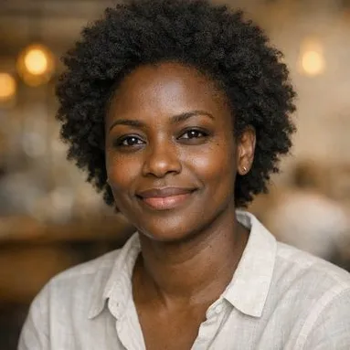 Woman in her late 30s, deep brown skin, natural afro, calm expression, bright café sett…