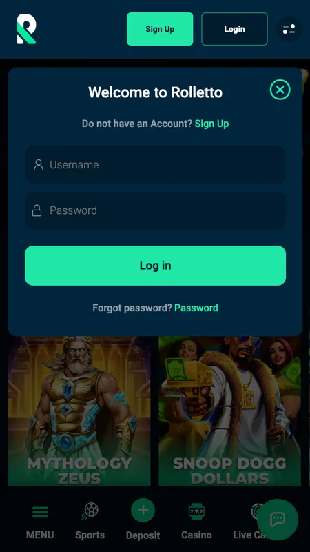 Rolletto mobile login screen
